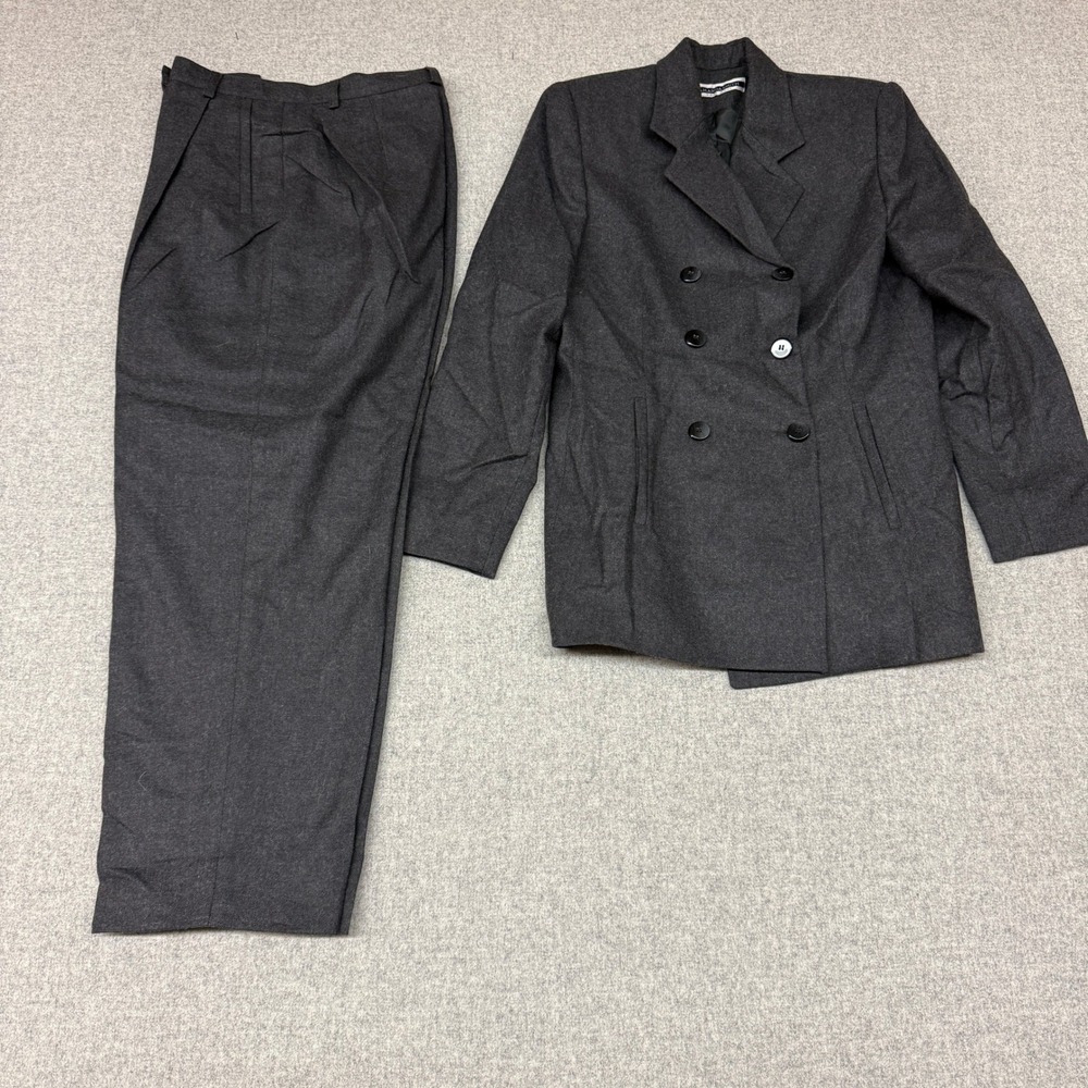 Amanda Smith Pant Suit Size 10 Gray Pure Wool Double Breasted Blazer Pleated Pan